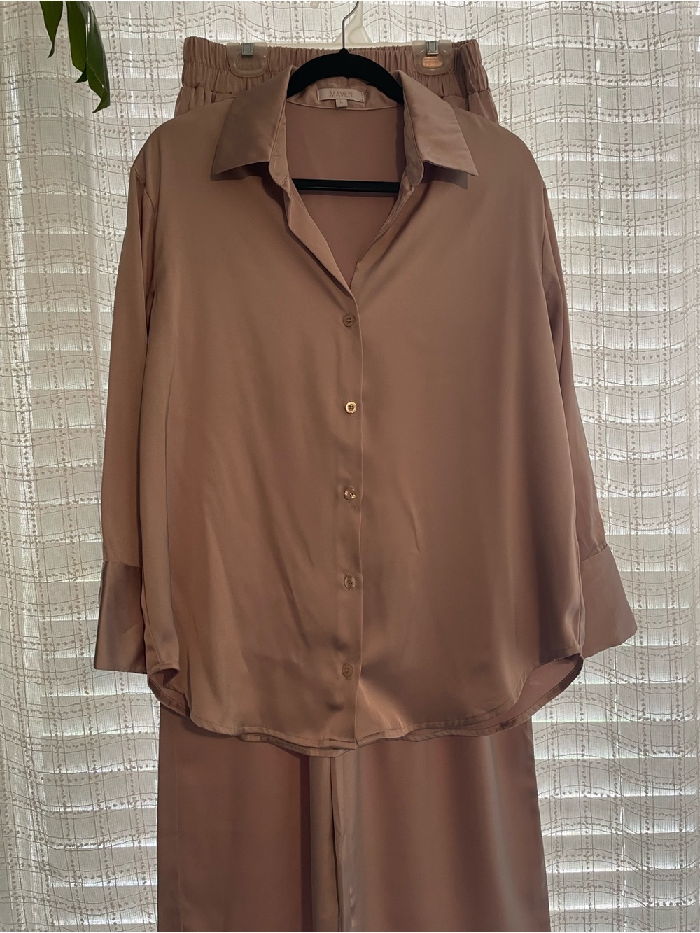 Lavish Alice Taupe Satin Button-Up Shirt & Pants Set